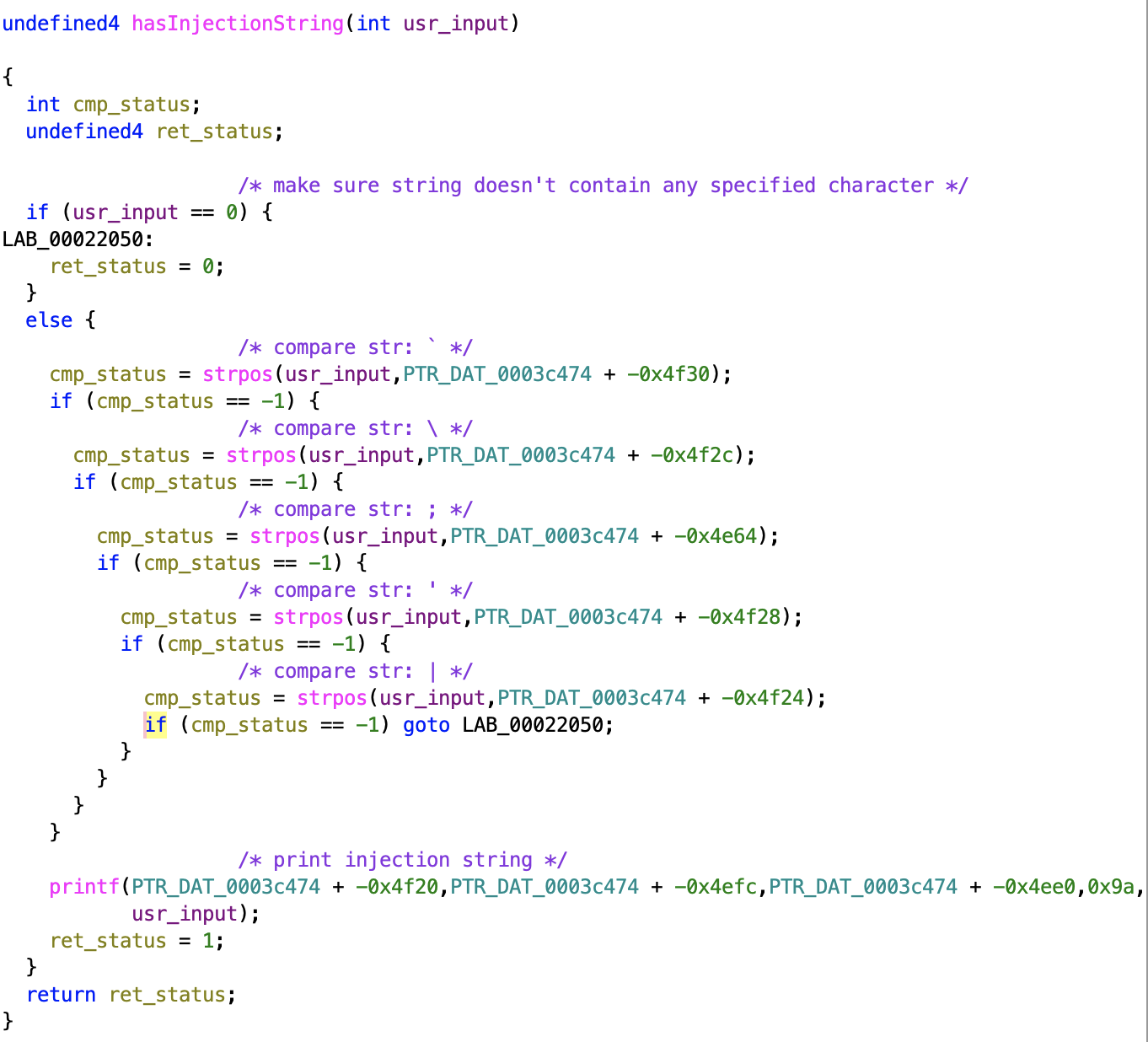 hasInjectionString function