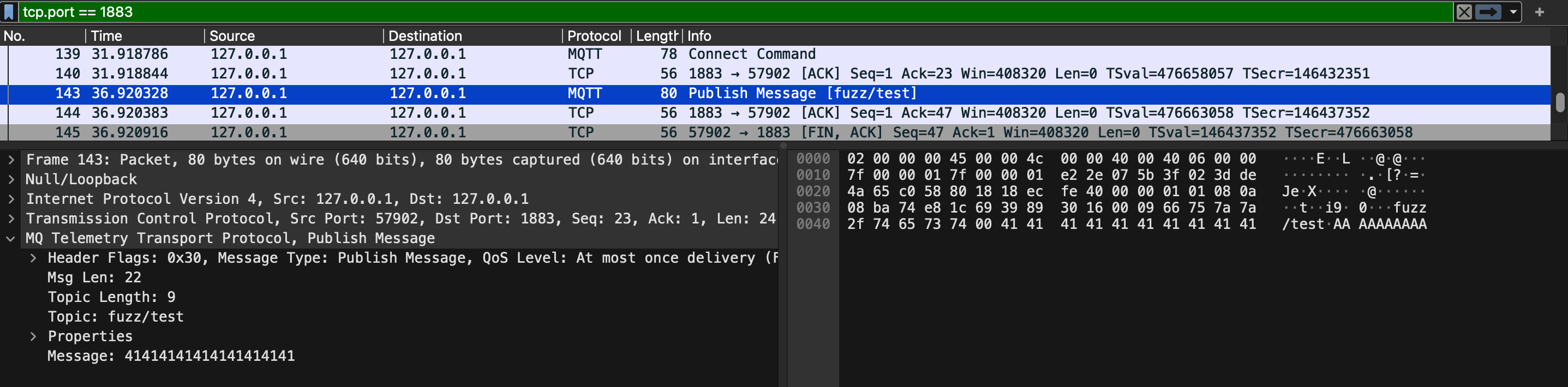 Example PUBLISH packet fuzzing captured by Wireshark